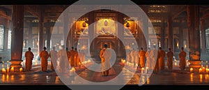 AI creates an image of many monks gathering at a temple to pray and pay to the Buddha