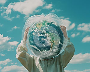 AI creates image of a person holding the entire world in a plastic bag Create a natural background,