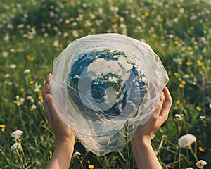 AI creates image of a person holding the entire world in a plastic bag Create a natural background,
