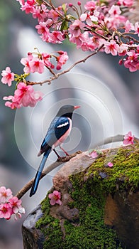 AI creates image of a red-billed blue magpie standing on a moss-covered rock. In the middle of a flower garden