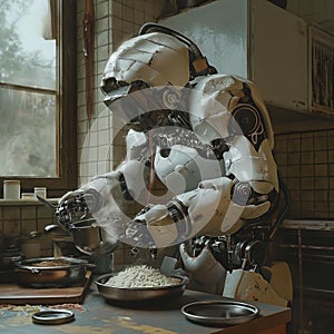 AI creates image of robot standing in kitchen with electronic circuit board ,Robot cooking concept