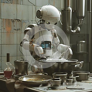 AI creates image of robot standing in kitchen with electronic circuit board ,Robot cooking concept