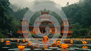 AI creates images of beautiful temple situated in the forest near a mountain,