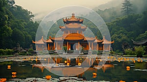 AI creates images of beautiful temple situated in the forest near a mountain,