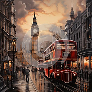 AI creates images, Big Ben, Westminster Bridge and red double decker bus