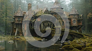 AI creates images of castle Church, Old castle in the moss forest colorful photos