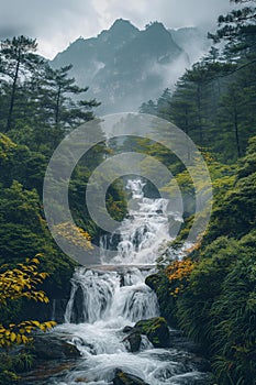 AI creates images, clear photos of a waterfall in the middle of a beautiful natural forest