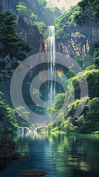 AI creates images, clear photos of a waterfall in the middle of a beautiful natural forest,