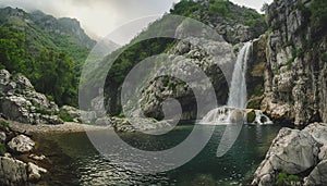 AI creates images, clear photos of a waterfall in the middle of a beautiful natural forest