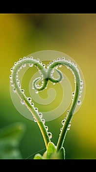 AI creates images of Dewdrops on the thin stem of a plant in a heart-shaped