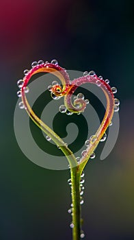 AI creates images of Dewdrops on the thin stem of a plant in a heart-shaped