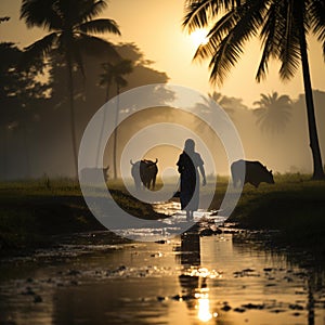 AI creates images, In an early morning village, work and children are playing by the river, silhouette photography