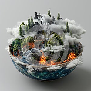 AI creates images of A earth model in the wok, fire under the wok,