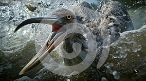 AI creates images of extreme underwater photography, looking up angle, big bird fishing and eating splashing water