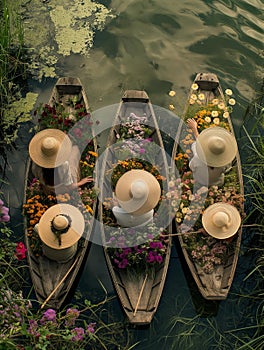 AI creates images, floating market, flower boats, flower sellers in boats,