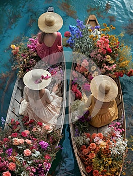 AI creates images, floating market, flower boats, flower sellers in boats,