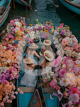 AI creates images, floating market, flower boats, flower sellers in boats,