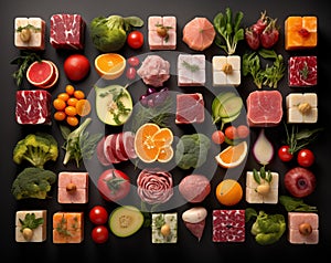 AI creates images food, fresh vegetables, fruit ,meat, cut into square cubes