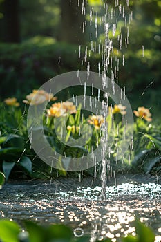 AI creates images of a fountain of water in a sunny,summer forest, dewy green grass, shiny reflective drops of water