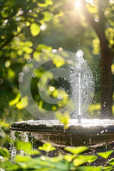 AI creates images of a fountain of water in a sunny,summer forest, dewy green grass, shiny reflective drops of water