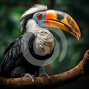 AI creates images of A Great hornbill,Rhinoceros hornbill ,Buceros bicornis is hornbill perches on a branch in a dense forest,