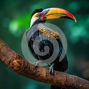 AI creates images of A Great hornbill,Rhinoceros hornbill ,Buceros bicornis is hornbill perches on a branch in a dense forest,
