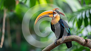 AI creates images of A Great hornbill,Rhinoceros hornbill ,Buceros bicornis is hornbill perches on a branch in a dense forest,