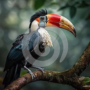 AI creates images of A Great hornbill,Rhinoceros hornbill ,Buceros bicornis is hornbill perches on a branch in a dense forest,