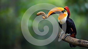 AI creates images of A Great hornbill,Rhinoceros hornbill ,Buceros bicornis is hornbill perches on a branch in a dense forest,