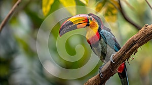 AI creates images of A Great hornbill,Rhinoceros hornbill ,Buceros bicornis is hornbill perches on a branch in a dense forest