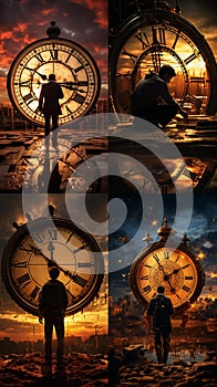 AI creates images of When the hands on a clock turn back, time goes backwards, silhouette photography,