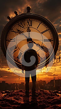 AI creates images of When the hands on a clock turn back, time goes backwards, silhouette photography,