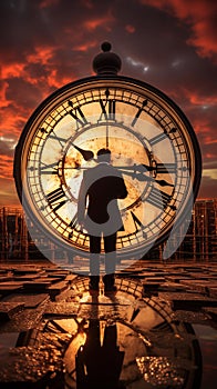 AI creates images of When the hands on a clock turn back, time goes backwards, silhouette photography,