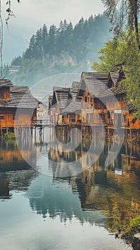 AI creates images, houses along the river with boat travel Using a wooden rowing boat, rural style,