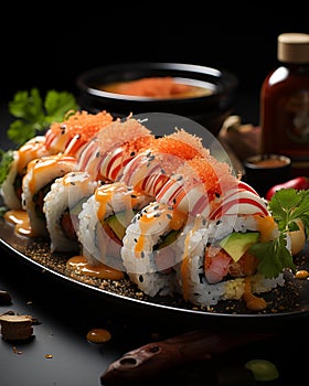 AI creates images, Japanese food, raw fish sushi,Sushi roll with salmon