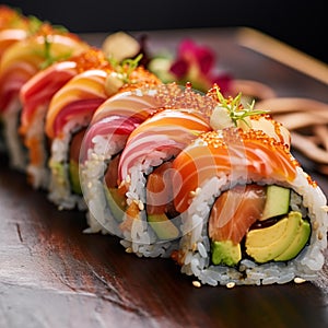 AI creates images, Japanese food, raw fish sushi,Sushi roll with salmon