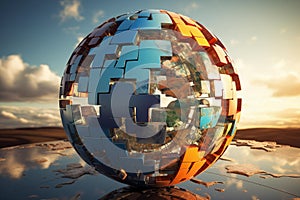 AI creates images, jigsaw puzzles of the globe Technology concept that combines old and new eras.