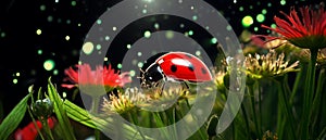 AI creates images of ladybugs sitting on flower stamens and Clover leaves.