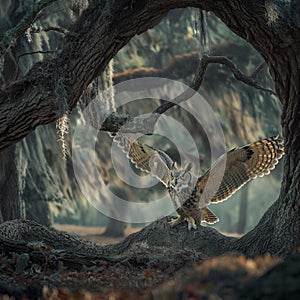 AI creates images,a owl get a mouse as food, stands on a banch of a big tree