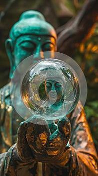 AI creates images photo of a old buddha statue holding a glassball