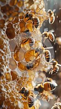 AI creates images of propolis, Beehive, with bees flying to the hive. To use flower pollen to produce nectar, honey