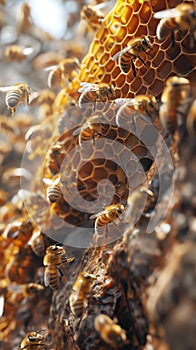 AI creates images of propolis, Beehive, with bees flying to the hive. To use flower pollen to produce nectar, honey