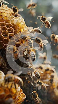 AI creates images of propolis, Beehive, with bees flying to the hive. To use flower pollen to produce nectar, honey