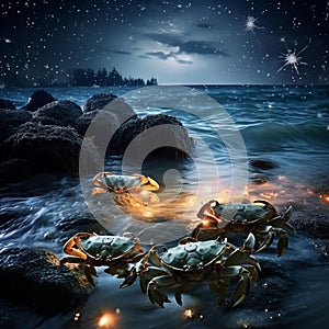 AI creates images of Sea crab walking on a beach with bioluminescent plankton.