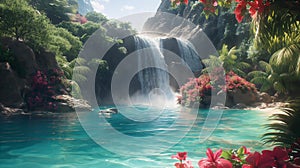AI creates images, sharp photos, waterfalls in the middle of beautiful natural forests.