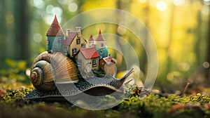 AI creates images of a snail in the middle of the forest, colorful houses stack on top of the snail, surreal architecture, sunny,