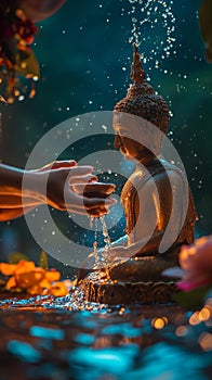 AI creates images of Songkran Festival Bathing the Buddha statue On Songkran Day