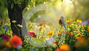 AI creates images of A sunny garden with colorful flowers and a bird singing in the tree