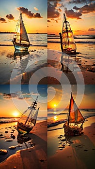 AI creates images of At sunset, An old glass bottle on the white sandy beach,