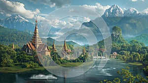 AI creates images, Thai temples Located along the river, near the mountains,